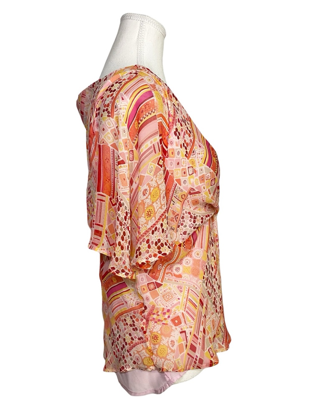 Silkland Y2K Boho Chic 100% Silk Patchwork Flutter Sleeve Blouse - Picture 3 of 14
